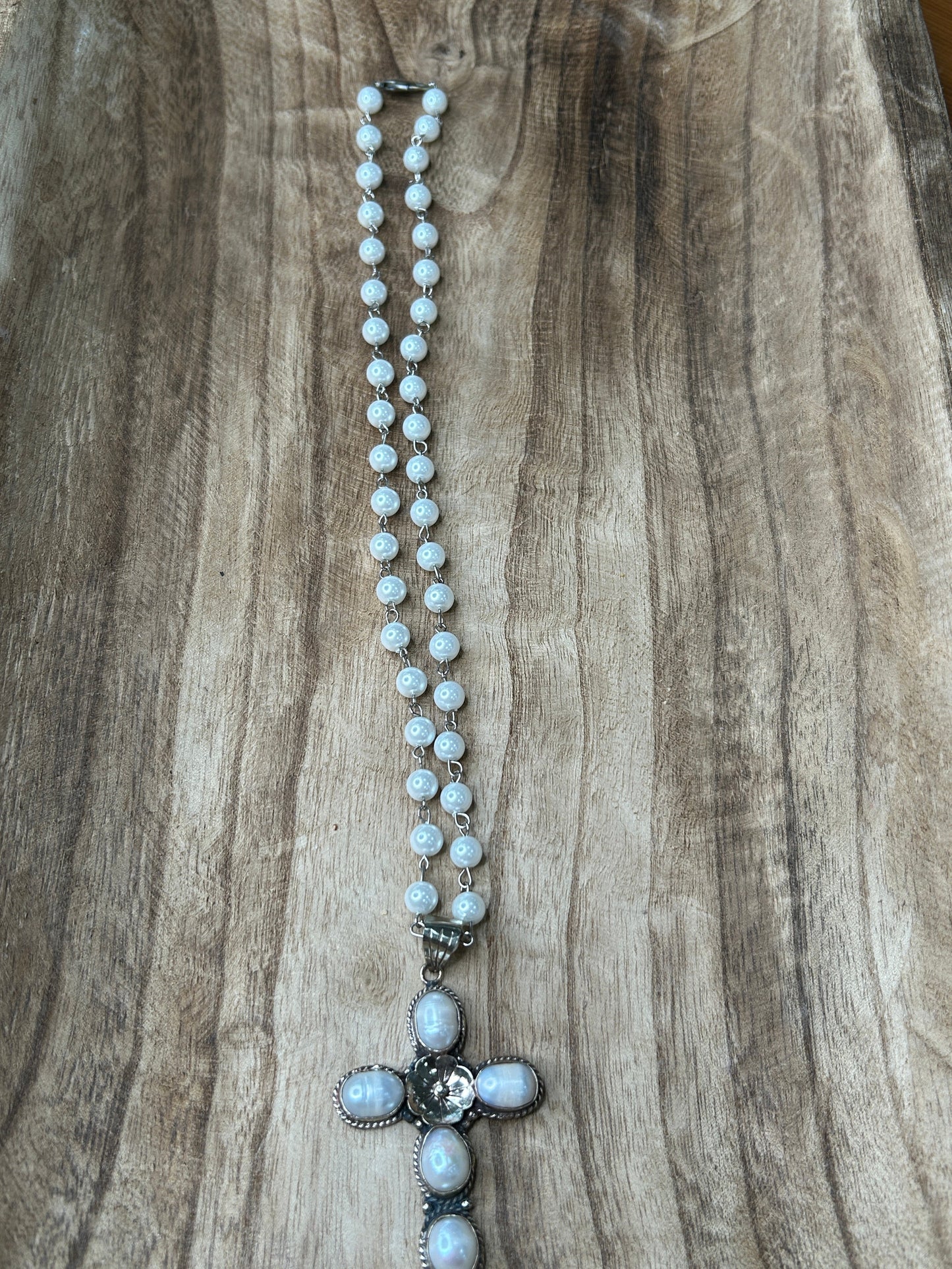 Tibetan Silver Pearl Cross Pendant Necklace