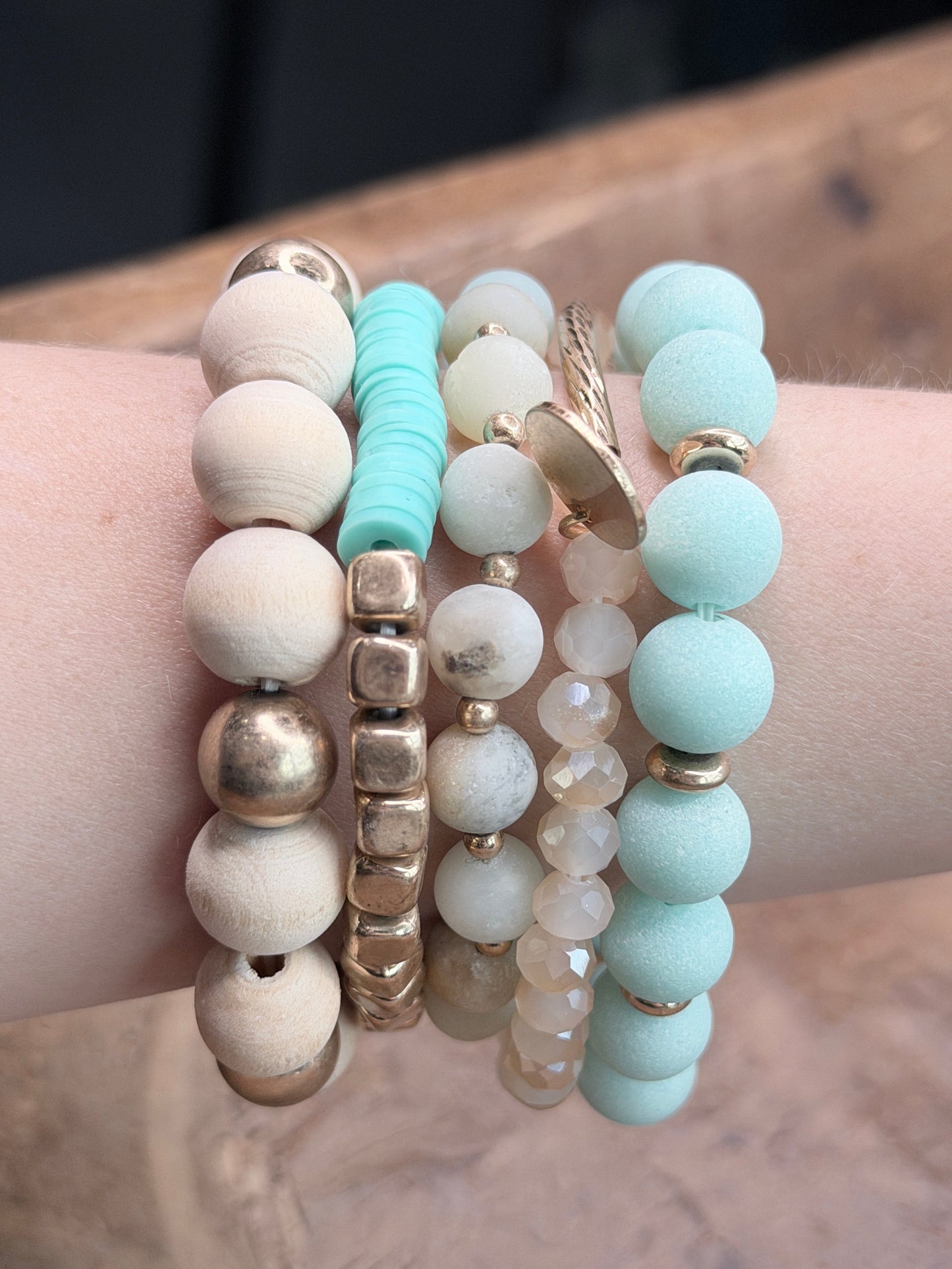 Bri Teal and Gold Crystal Beaded Bracelet Stack
