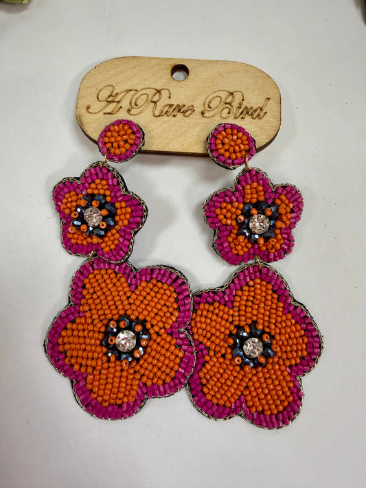 A Rare Bird- Beaded Flower Earrings (Pink and Orange)
