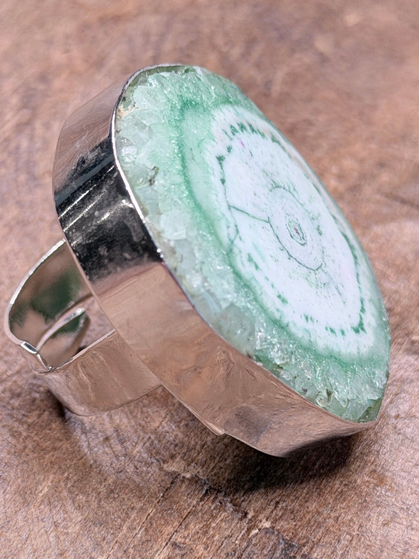 German Silver Green Solar Quartz Ring
