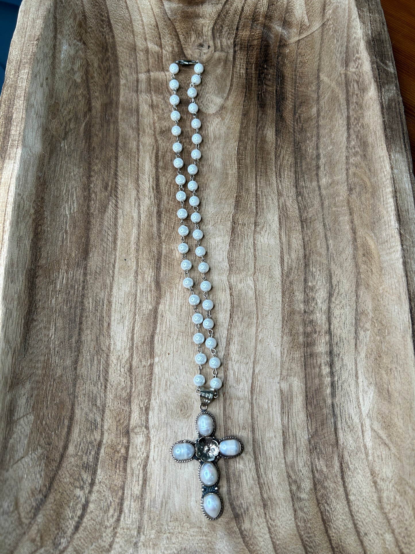 Tibetan Silver Pearl Cross Pendant Necklace