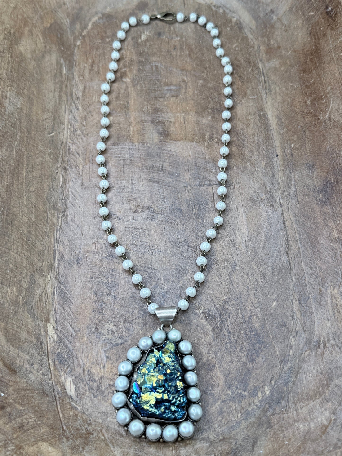 German Silver Blue Electro-Formed Druzy and Pearl Necklace