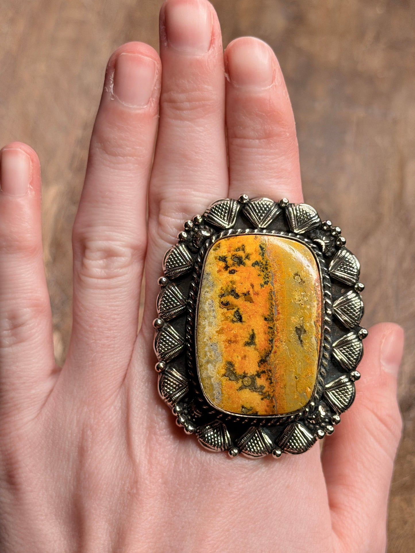 German Silver Bumble Bee Jasper Rectangle Ring