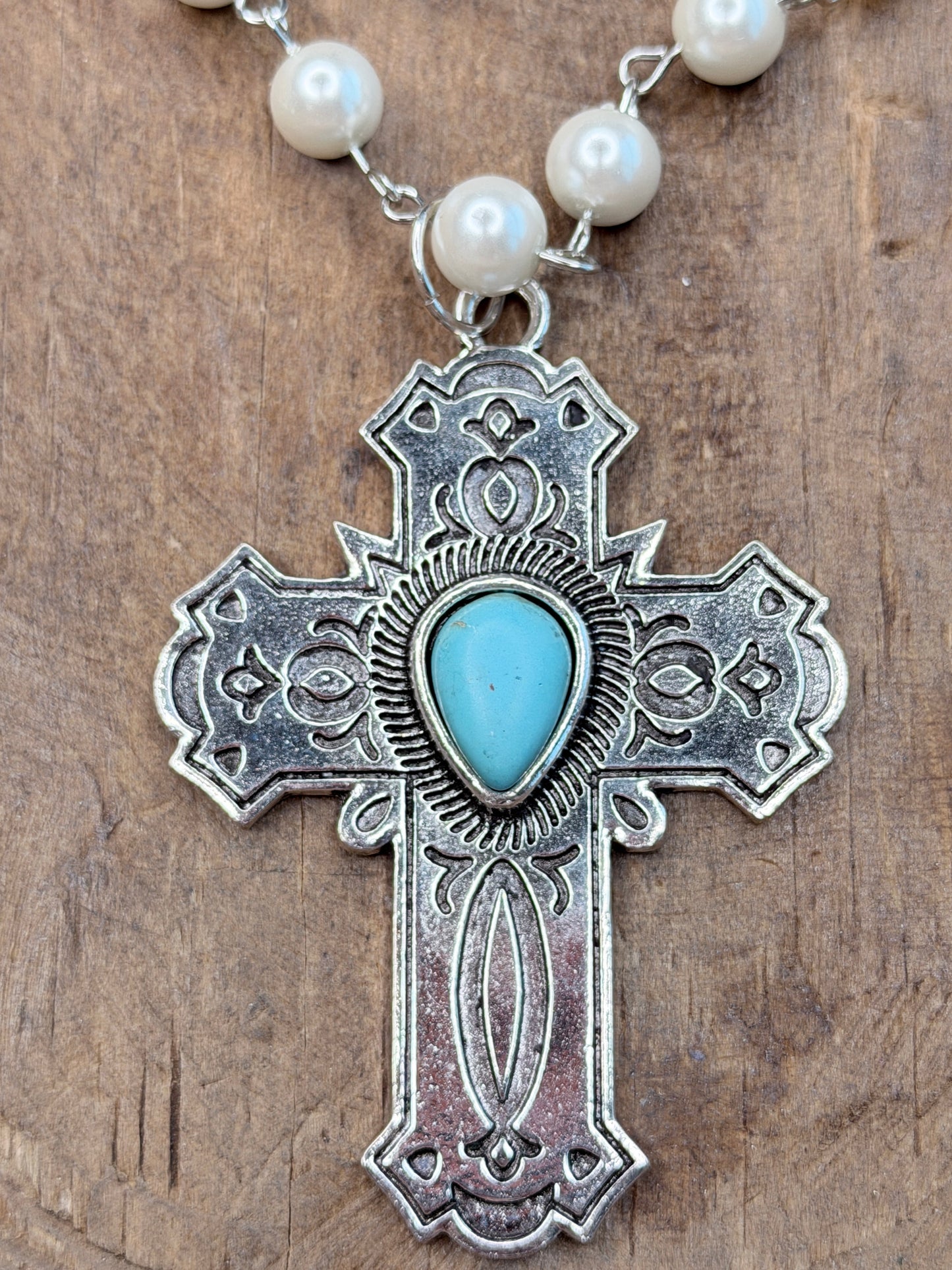 Engraved Silver and Turquoise Cross Necklace