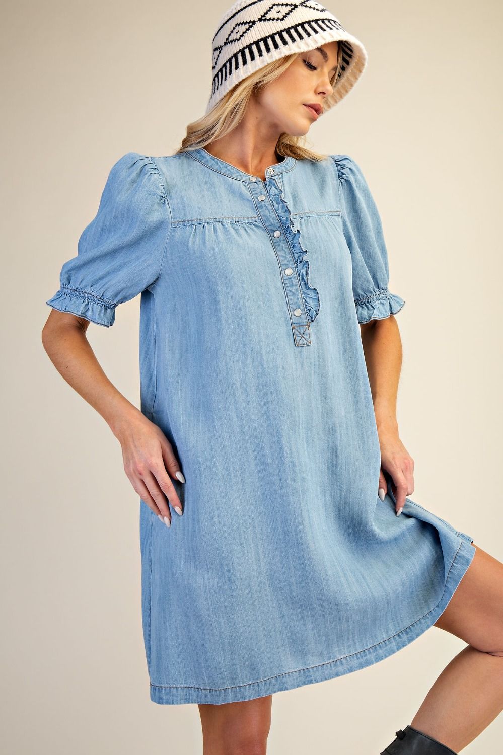 EASEL - Button Front Washed Dress (Light Denim) *Final Sale*