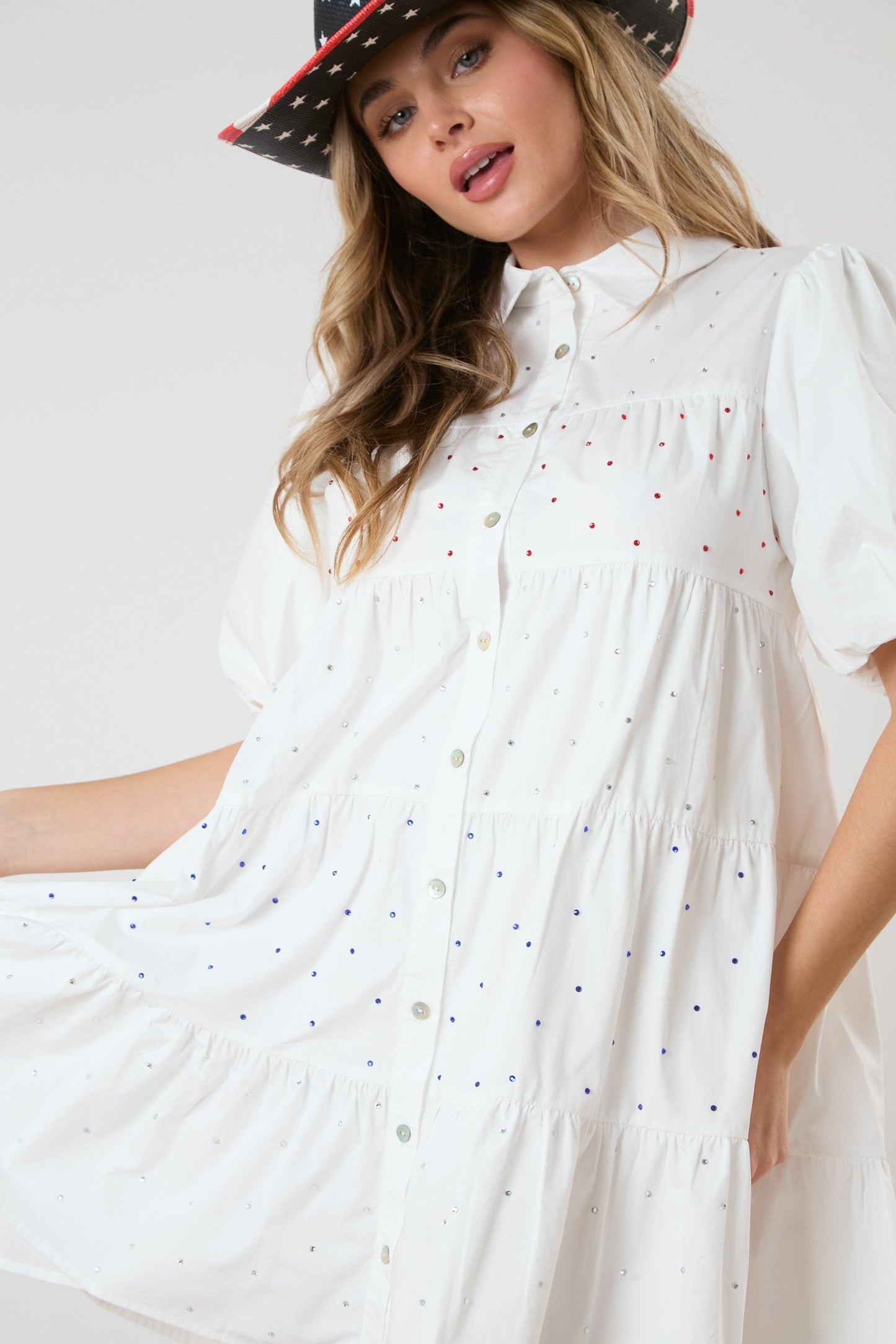 Peach Love- Red, White, and Blue Rhinestone Accent Dress (White) FINAL SALE