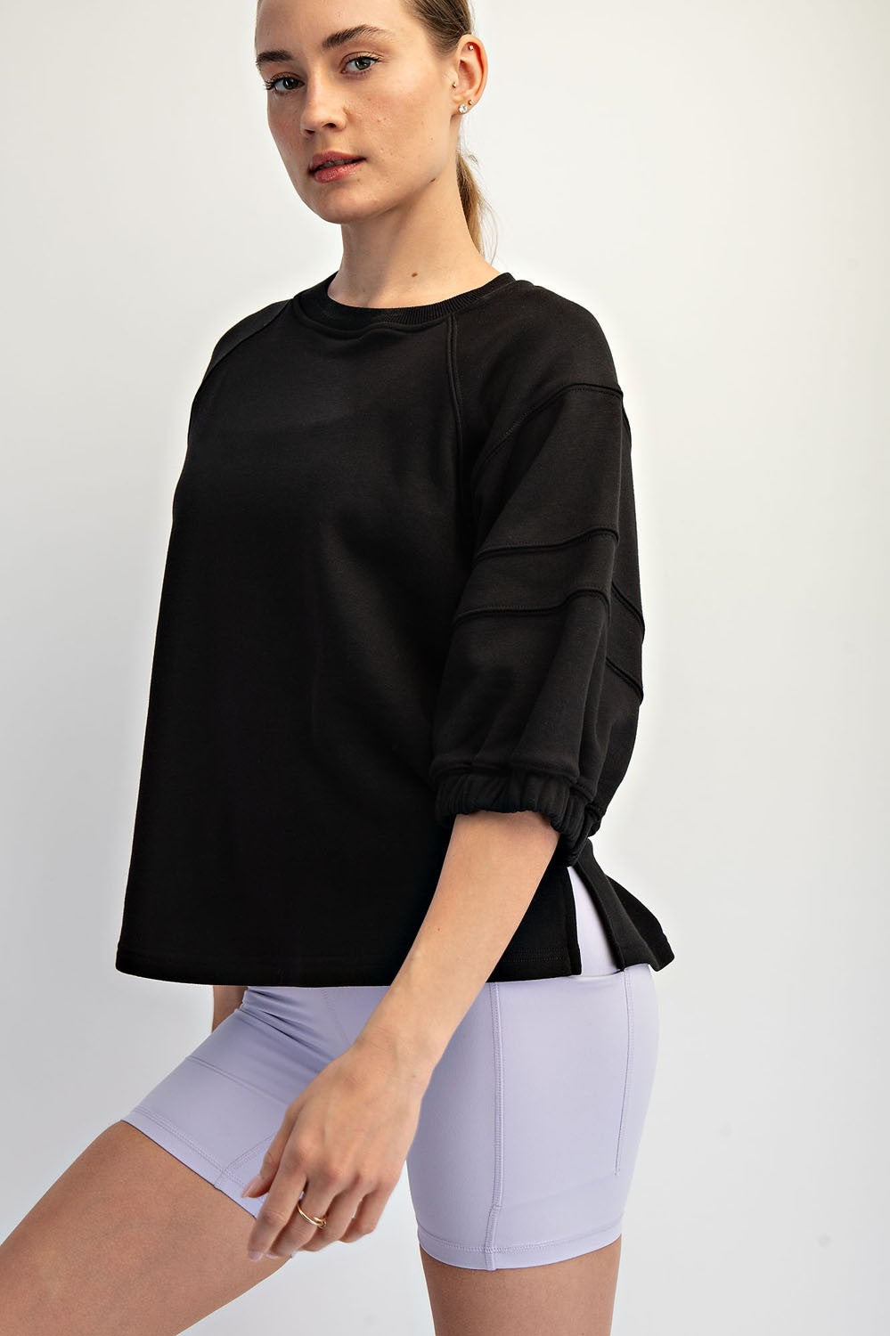 French Terry Bubbled Half Sleeve Top (Black)