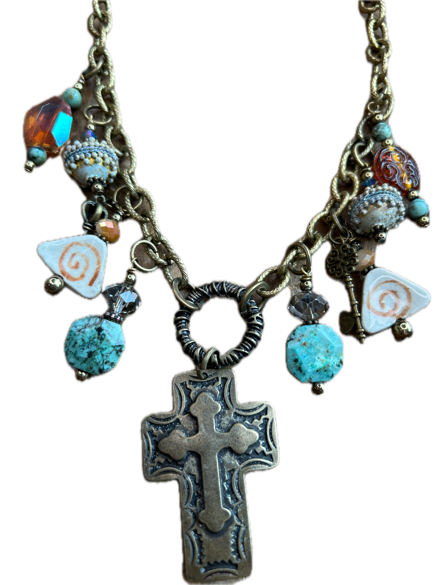 Lost & Found- Brassy Turquoise Cross Necklace
