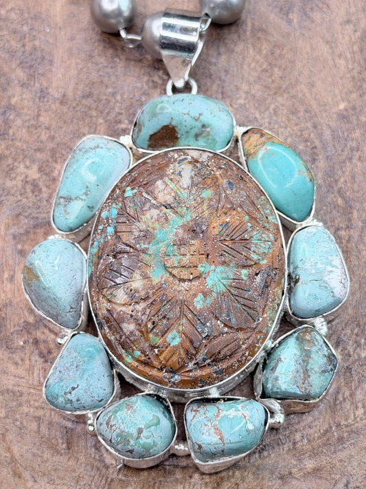 German Silver Carved Turquoise Cluster Necklace