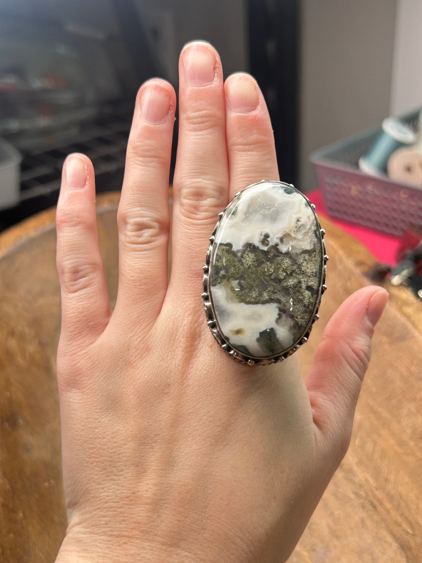 German Silver Green Moss Agate Ring
