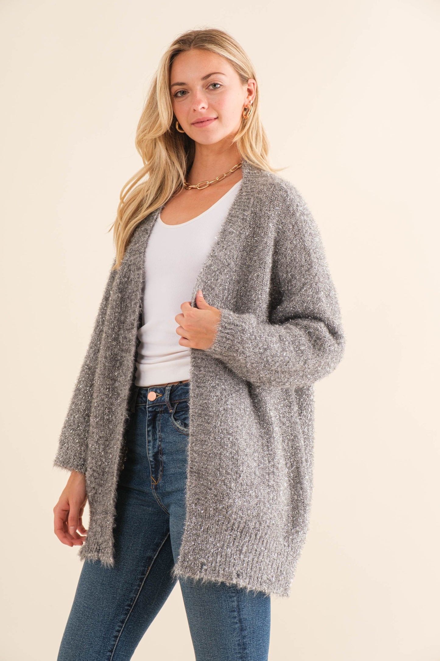 Fuzzy Shimmery Knit Cardigan (Grey) *Final Sale*