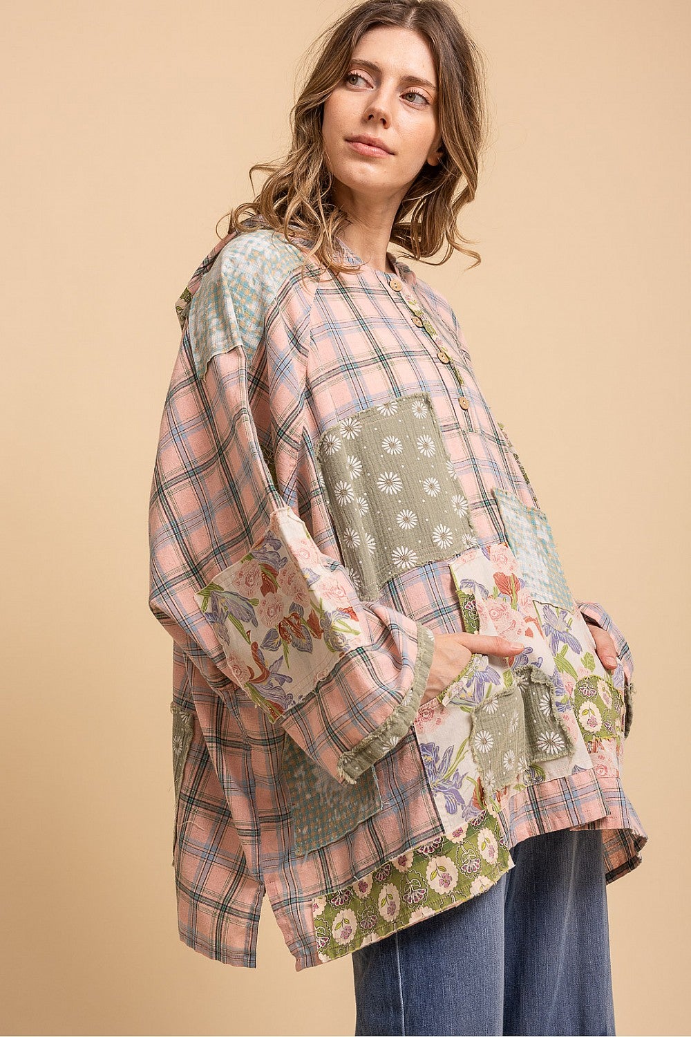 BlueVelvet- Patchwork Half-Button Pullover (Pale Blush) *Final Sale*