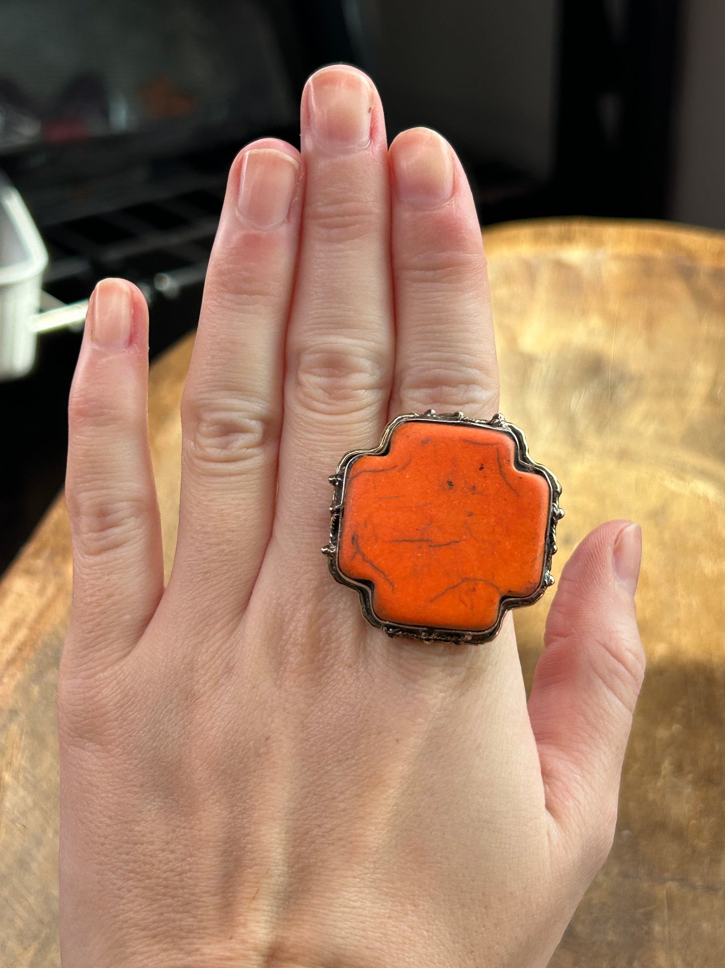 German Silver Orange Magnesite Square Cross Ring