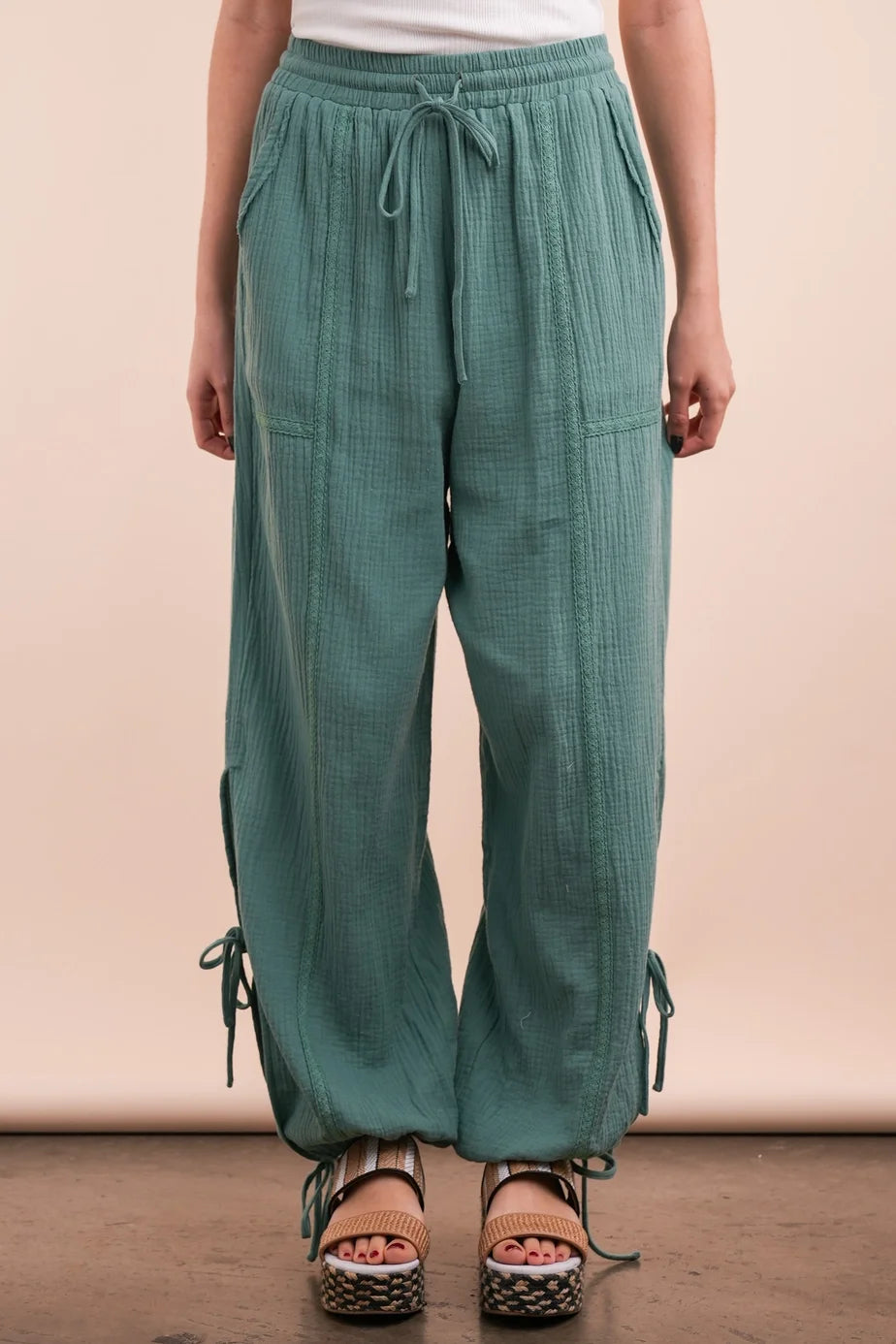 Very J Side Tunnel Harem Pants with Lace Trim Detail Sage *Final Sale*