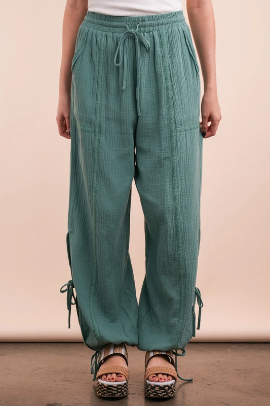 Very J Side Tunnel Harem Pants with Lace Trim Detail Sage *Final Sale*