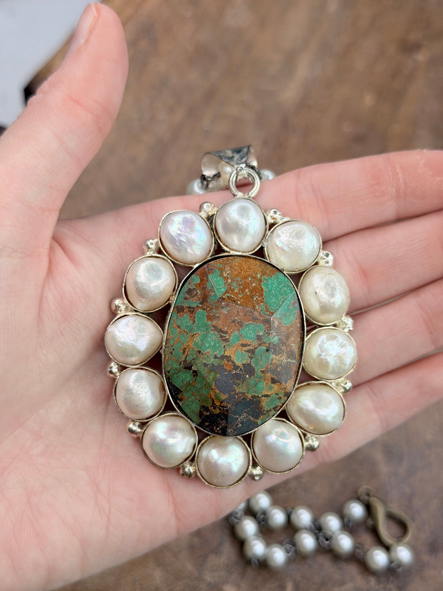 German Silver Turquoise and Pearl Cluster Necklace