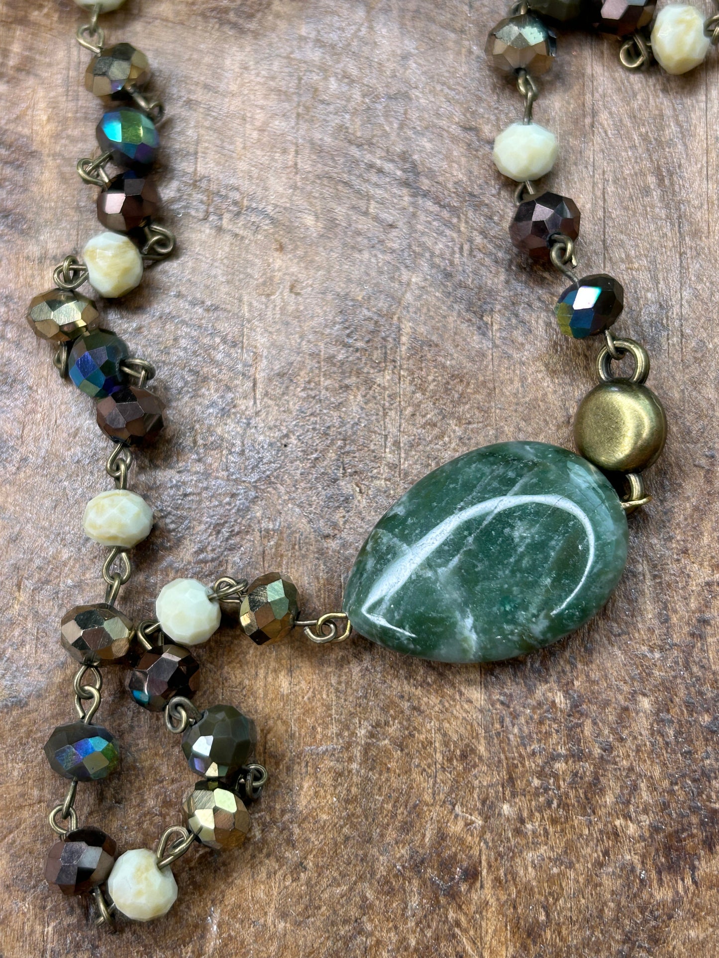 Long Multi-Beaded Shiny Necklace with Green Stones