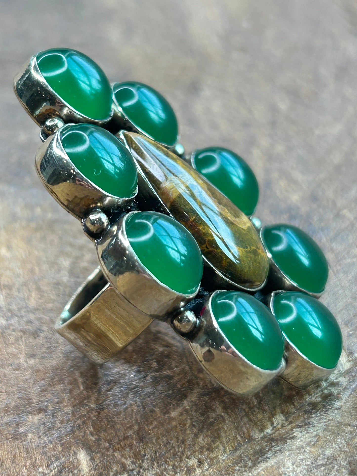 German Silver Jade and Jasper Cluster Ring