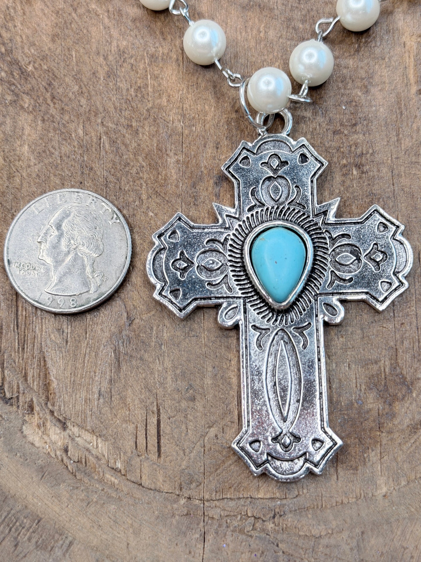 Engraved Silver and Turquoise Cross Necklace