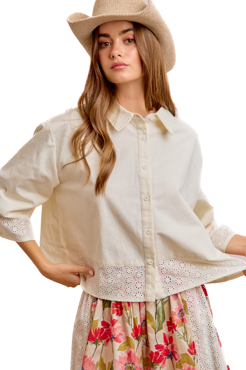 Bibi- Eyelet Lace Hem Quarter Sleeve Top (Butter)