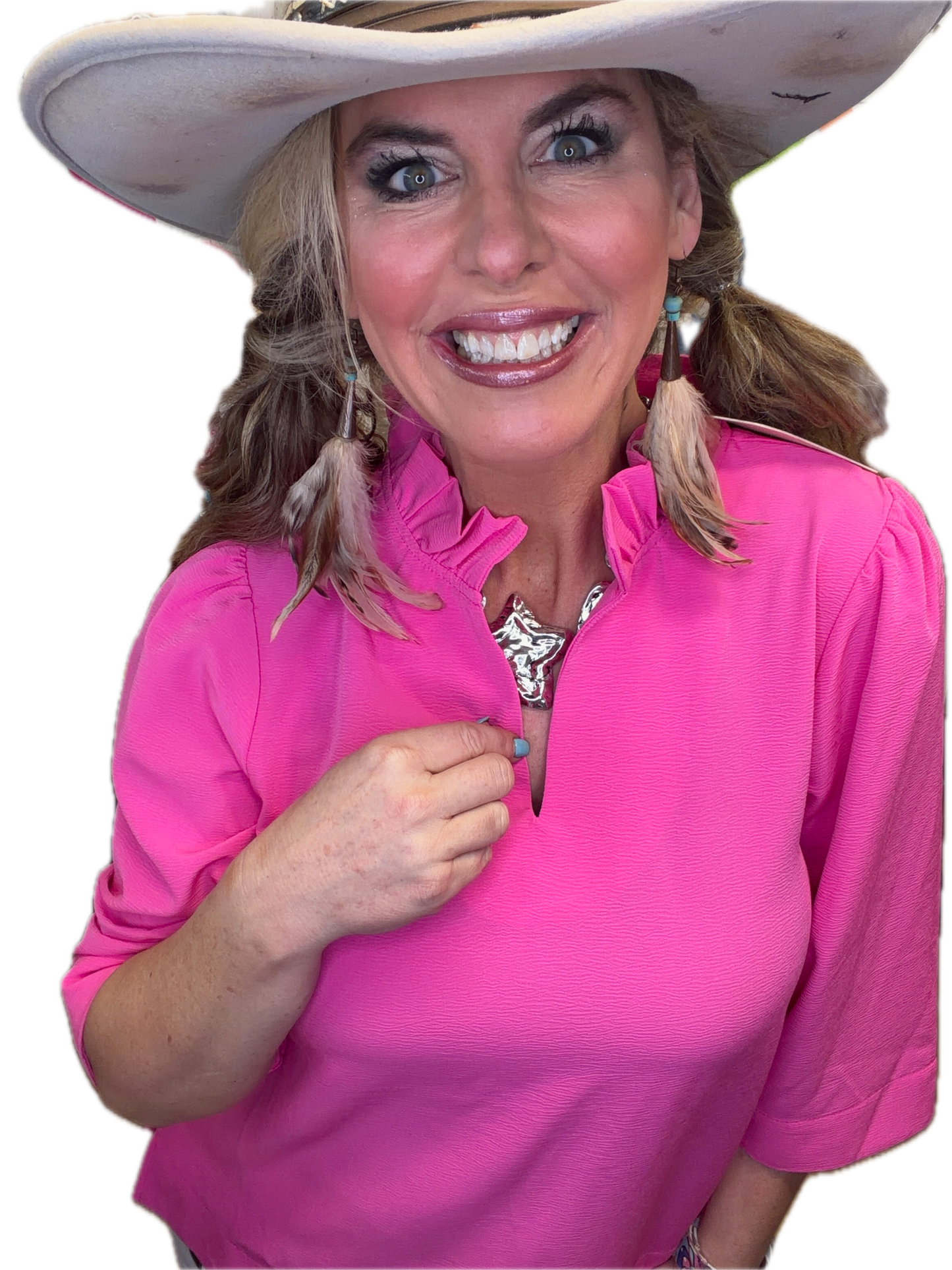 Jodifl- Ruffled Neck Crinkle Solid Top (Hot Pink)