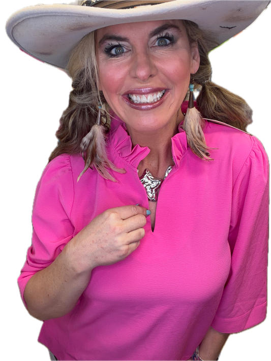 Jodifl- Ruffled Neck Crinkle Solid Top (Hot Pink)