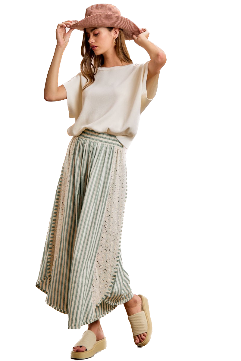 Bibi- Floral Eyelet Striped Wide Leg Pants (Eucalyptus)