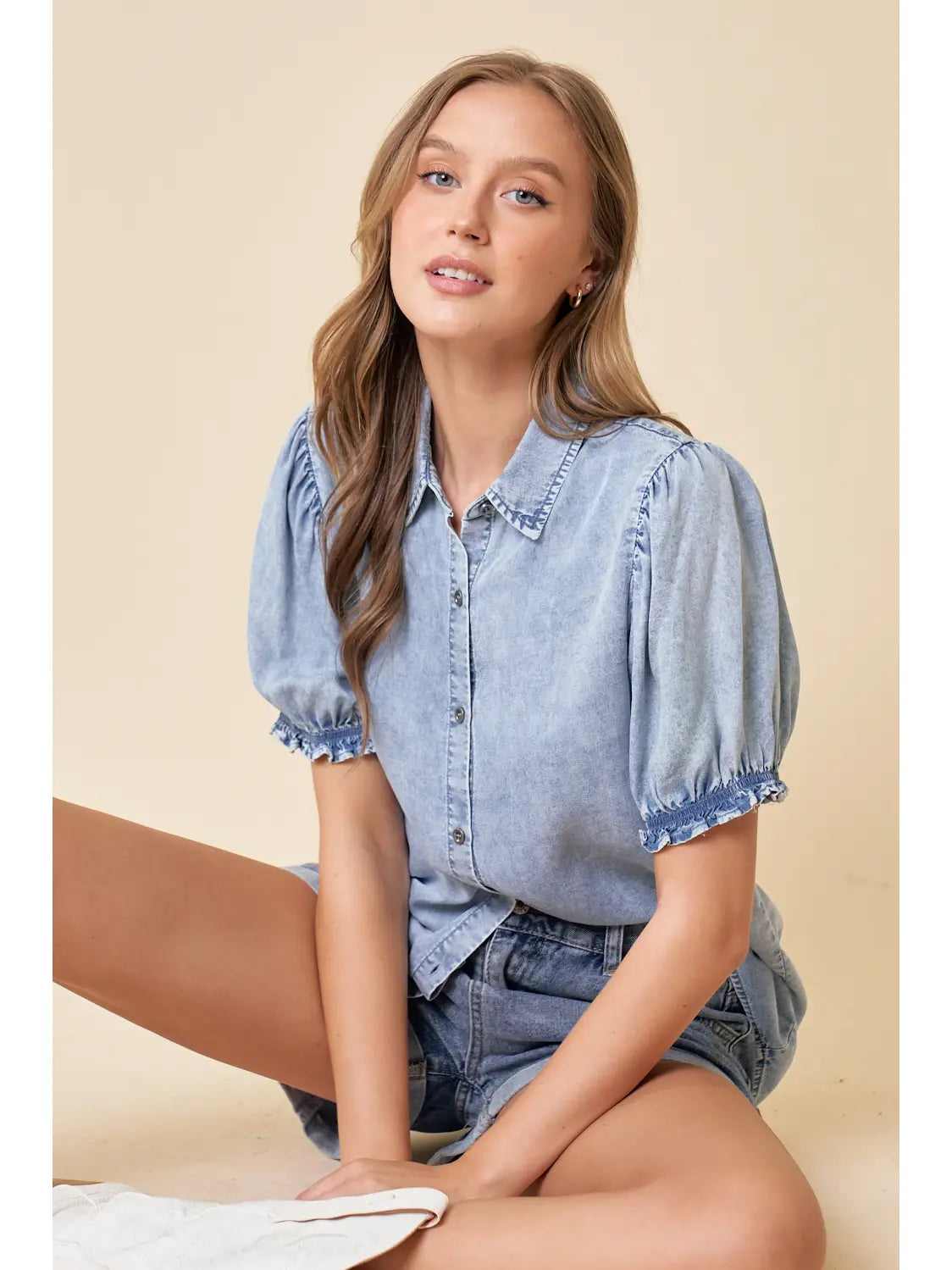 Puff Sleeve Button Down Top (Light Denim) *Final Sale*