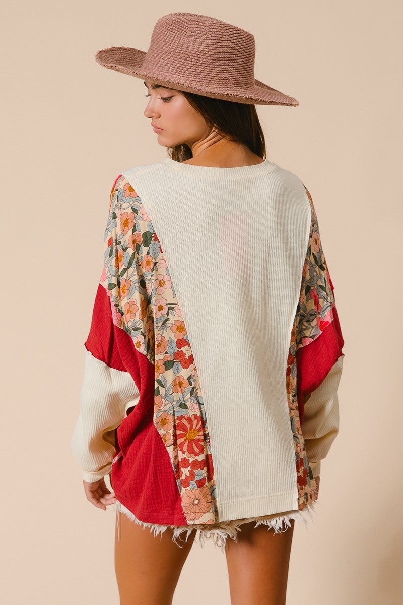 BiBi- Knit and Print Mix and Match Top (Oatmeal/Rust) *Final Sale*