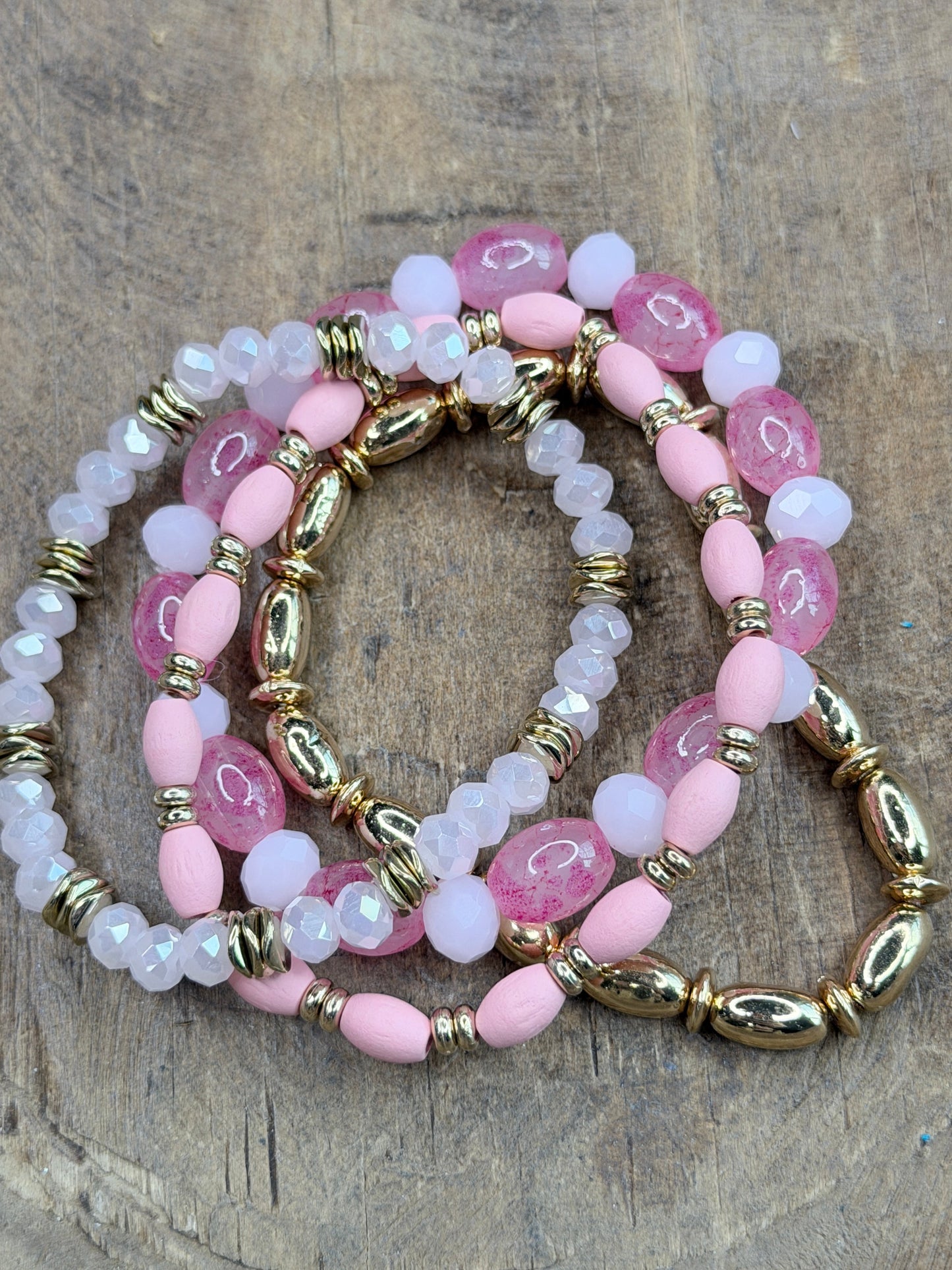 Aria Pink and Gold Crystal Beaded Bracelet Stack