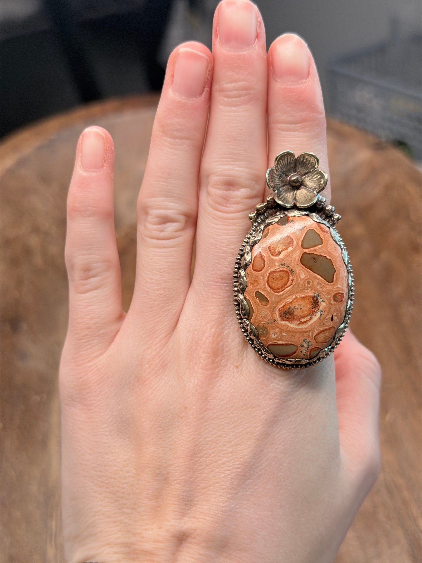 Tibetan Silver Leopard Skin Jasper Oval Ring