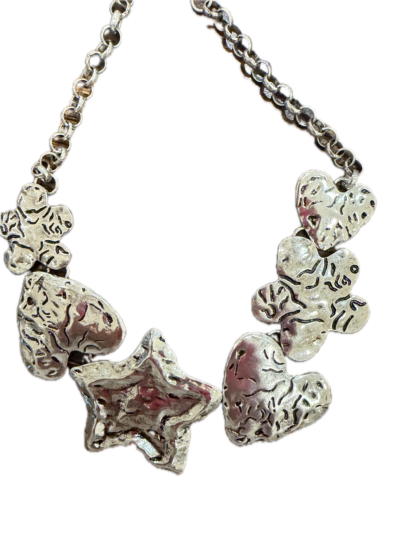 Silver Stars Hearts and Flowers Hammered Necklace