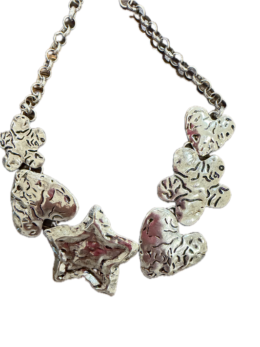 Silver Stars Hearts and Flowers Hammered Necklace