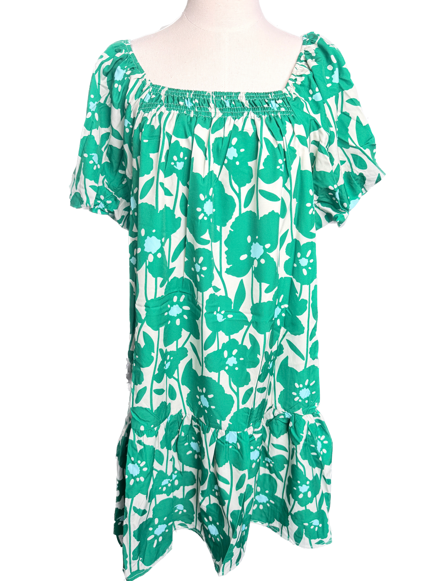 Floral Printed Bubble Sleeve Mini Dress (Green)