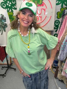 EASEL - Eyelet Sleeve Washed Terry Top (Apple Green)