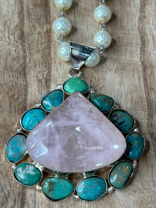 Rose Quartz and Turquoise Necklace on Pearl Chain
