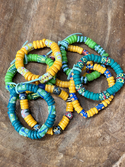 African Glass Bead Bracelet Stack (YELLOW AND GREEN)