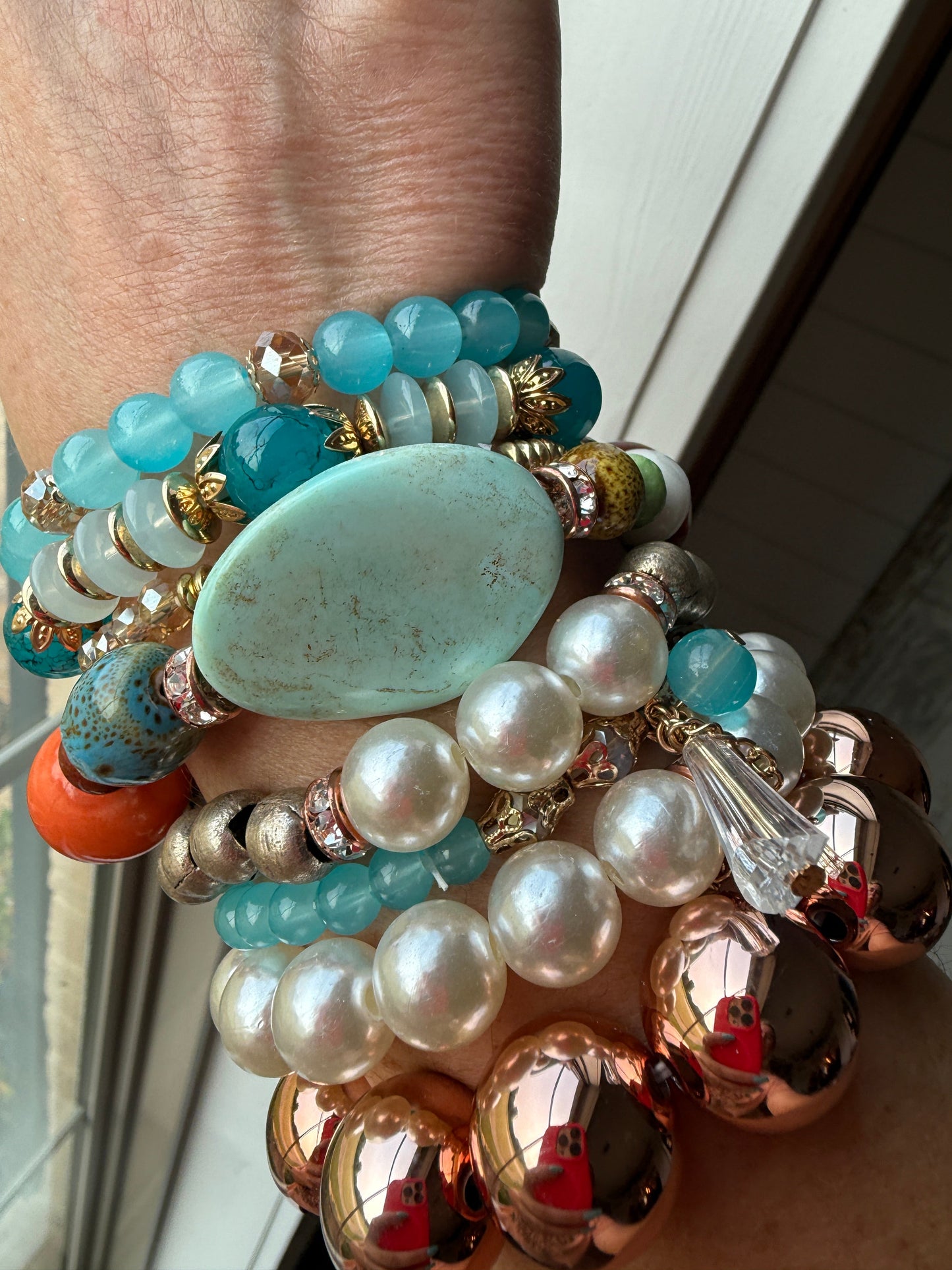 Electric Teal and Pearl Bracelet Stack