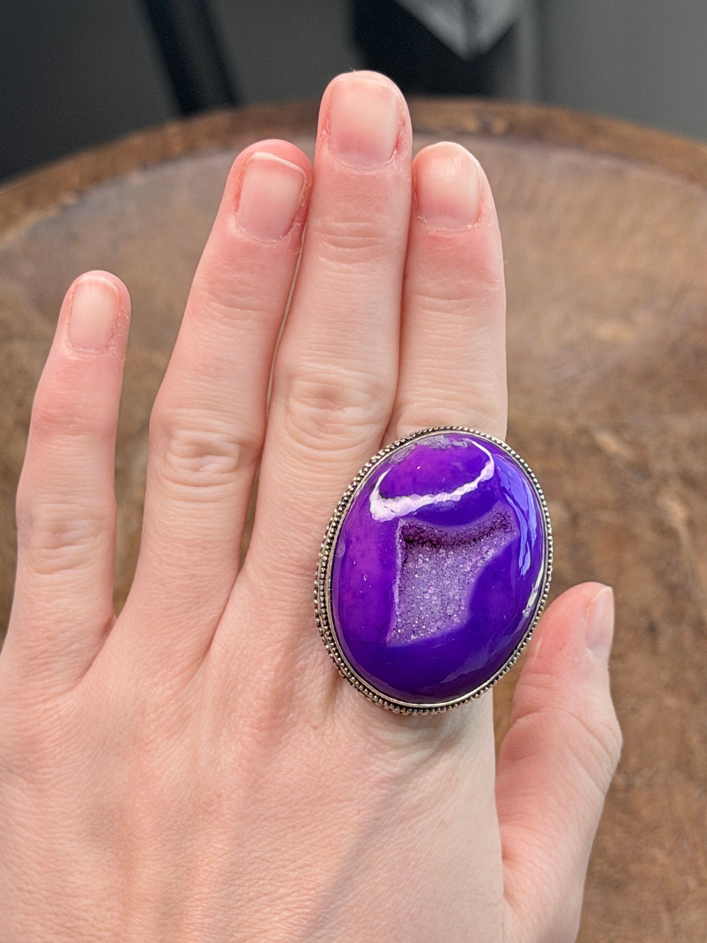 German Silver Druzy Purple Agate Oval Ring