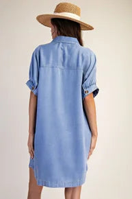 EASEL - Washed Front Button Shirt Dress (Denim)