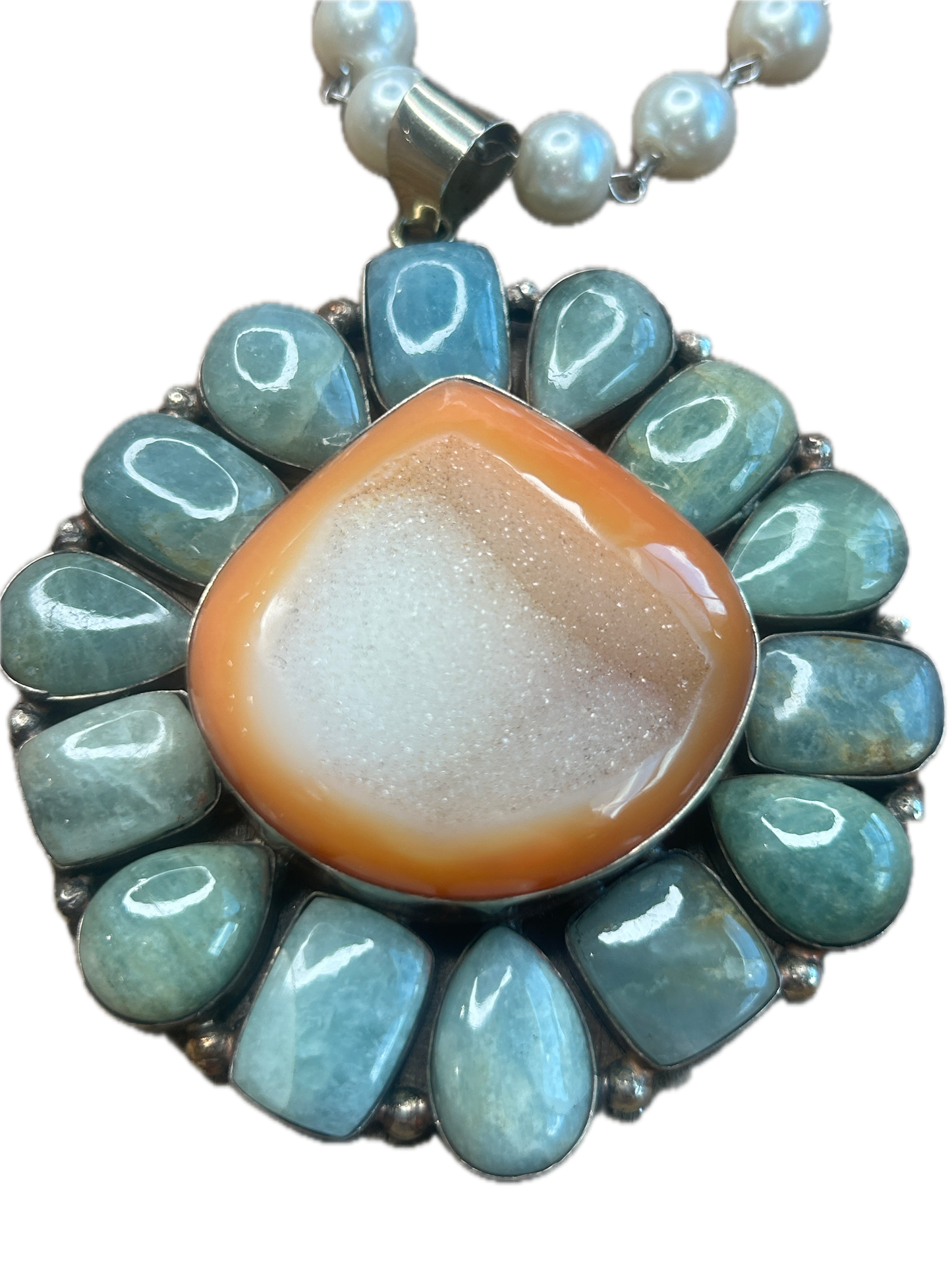 German Silver Amazonite and Druzy Carnelian Necklace