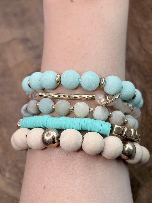 Bri Teal and Gold Crystal Beaded Bracelet Stack