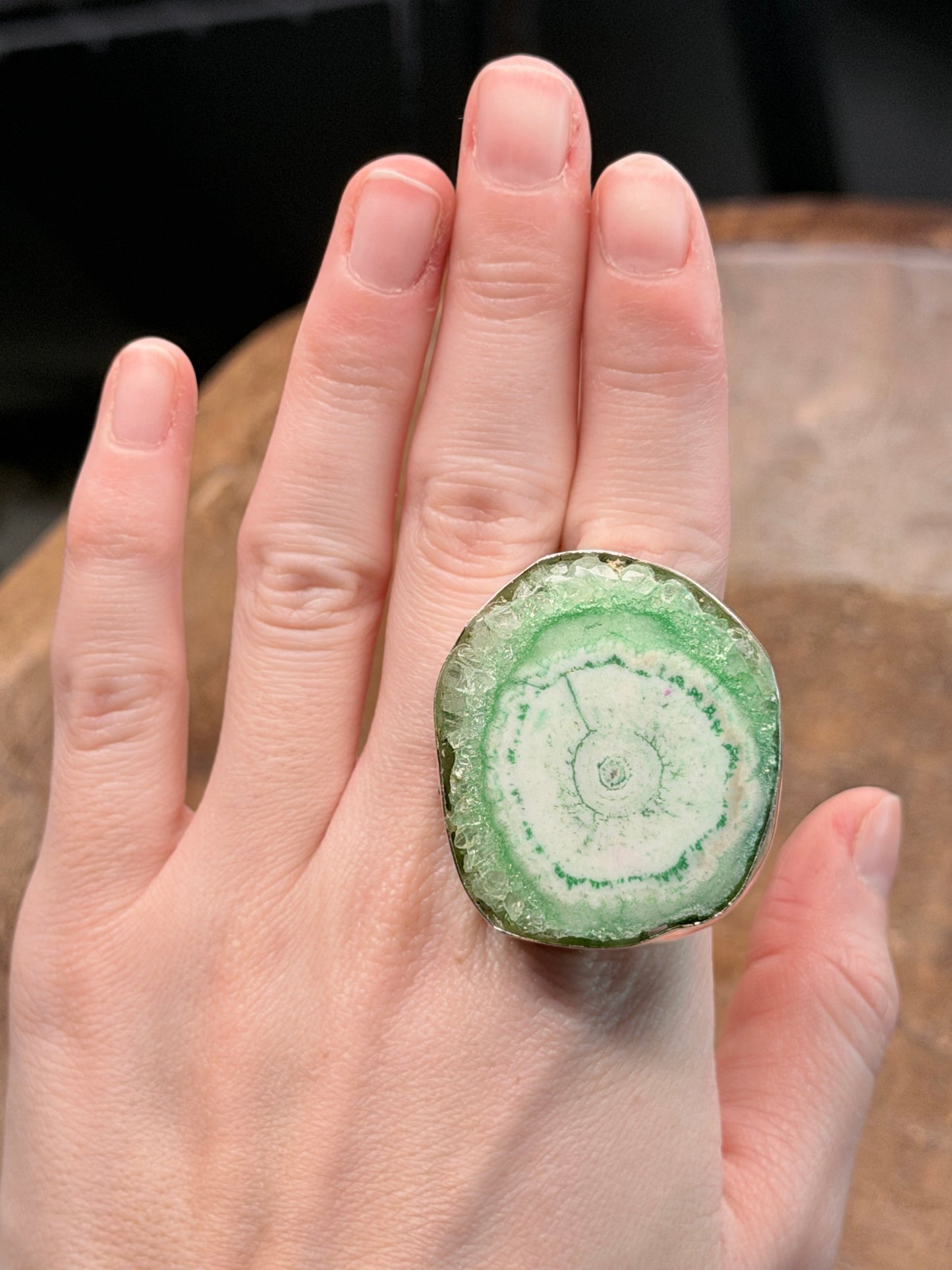 German Silver Green Solar Quartz Ring