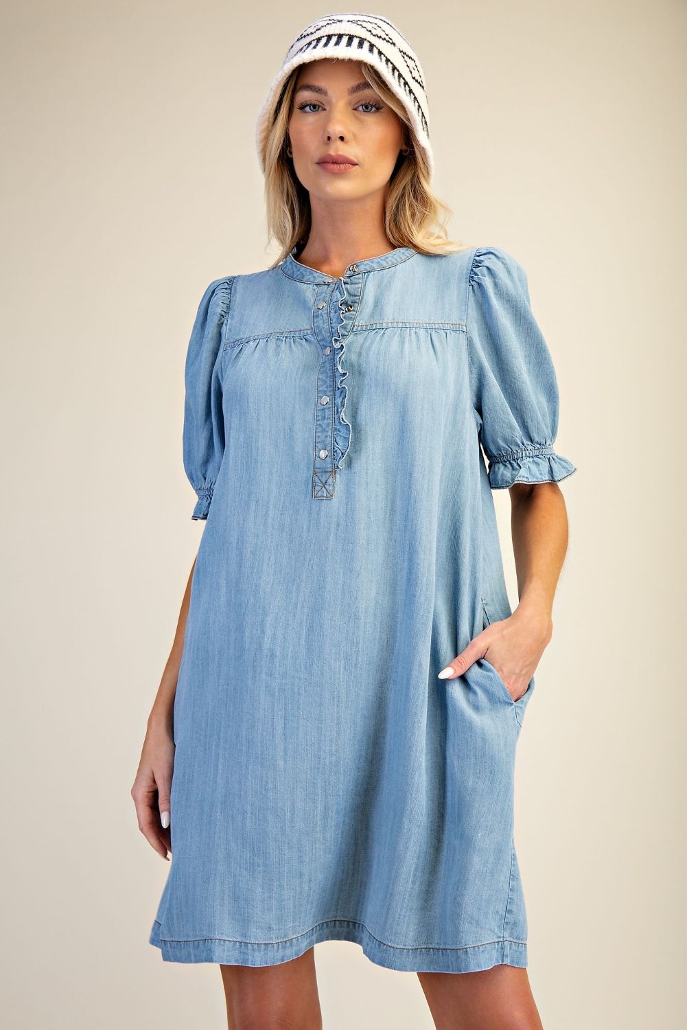 EASEL - Button Front Washed Dress (Light Denim) *Final Sale*