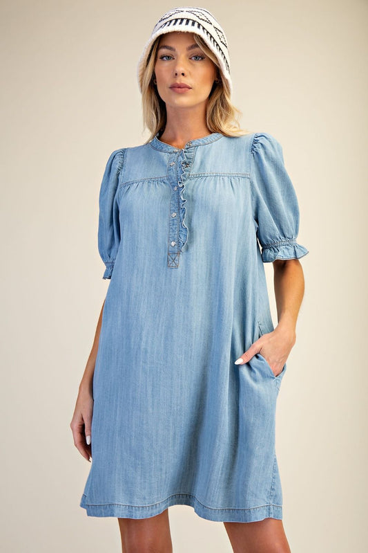 EASEL - Button Front Washed Dress (Light Denim) *Final Sale*