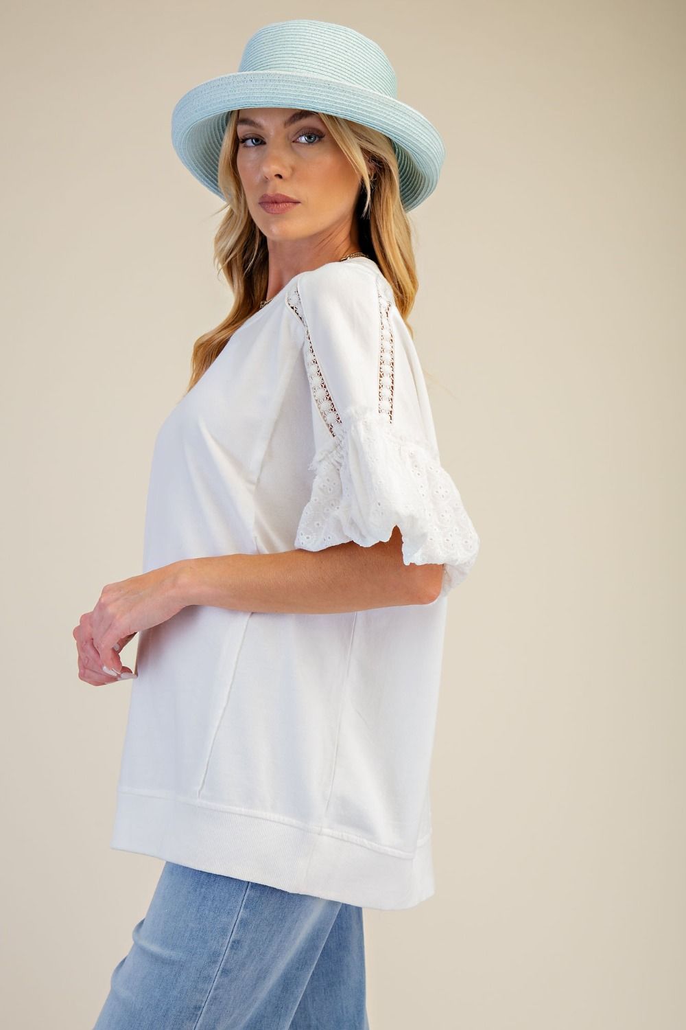EASEL - Eyelet Sleeve Washed Terry Top (White)