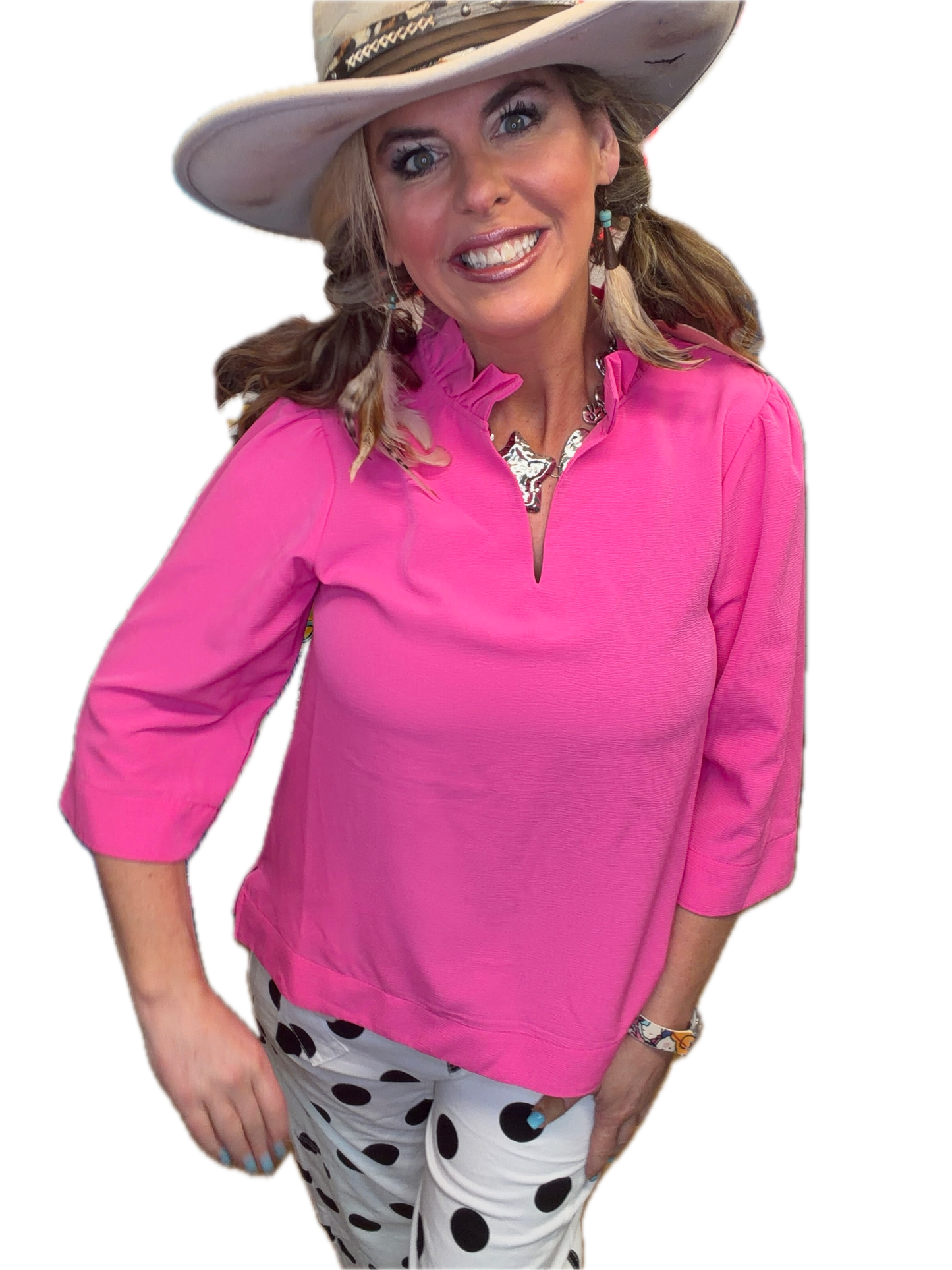 Jodifl- Ruffled Neck Crinkle Solid Top (Hot Pink)
