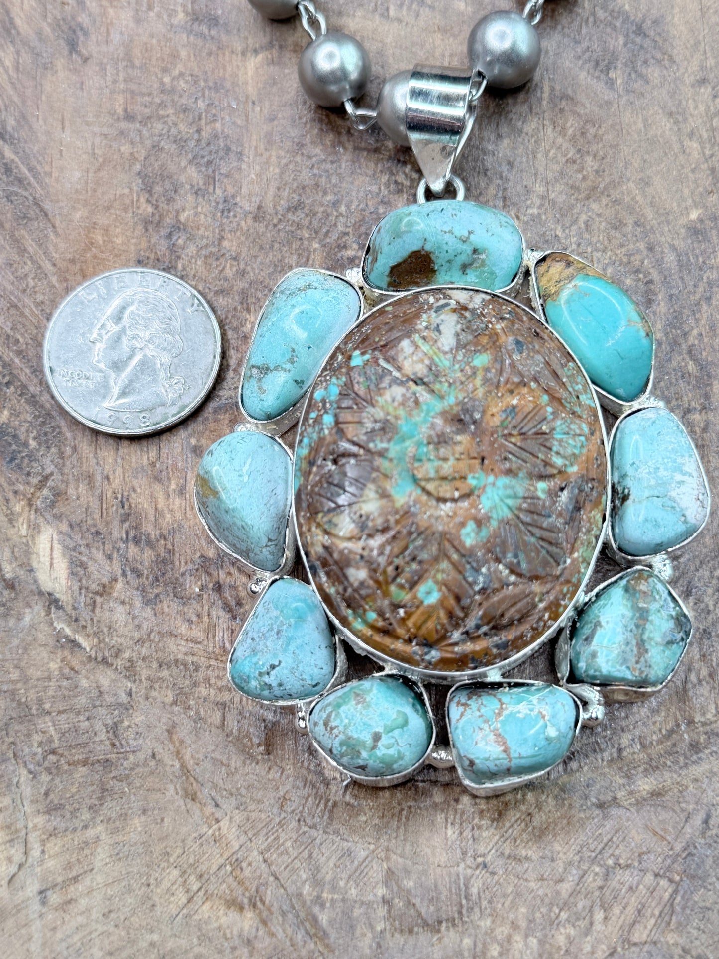 German Silver Carved Turquoise Cluster Necklace