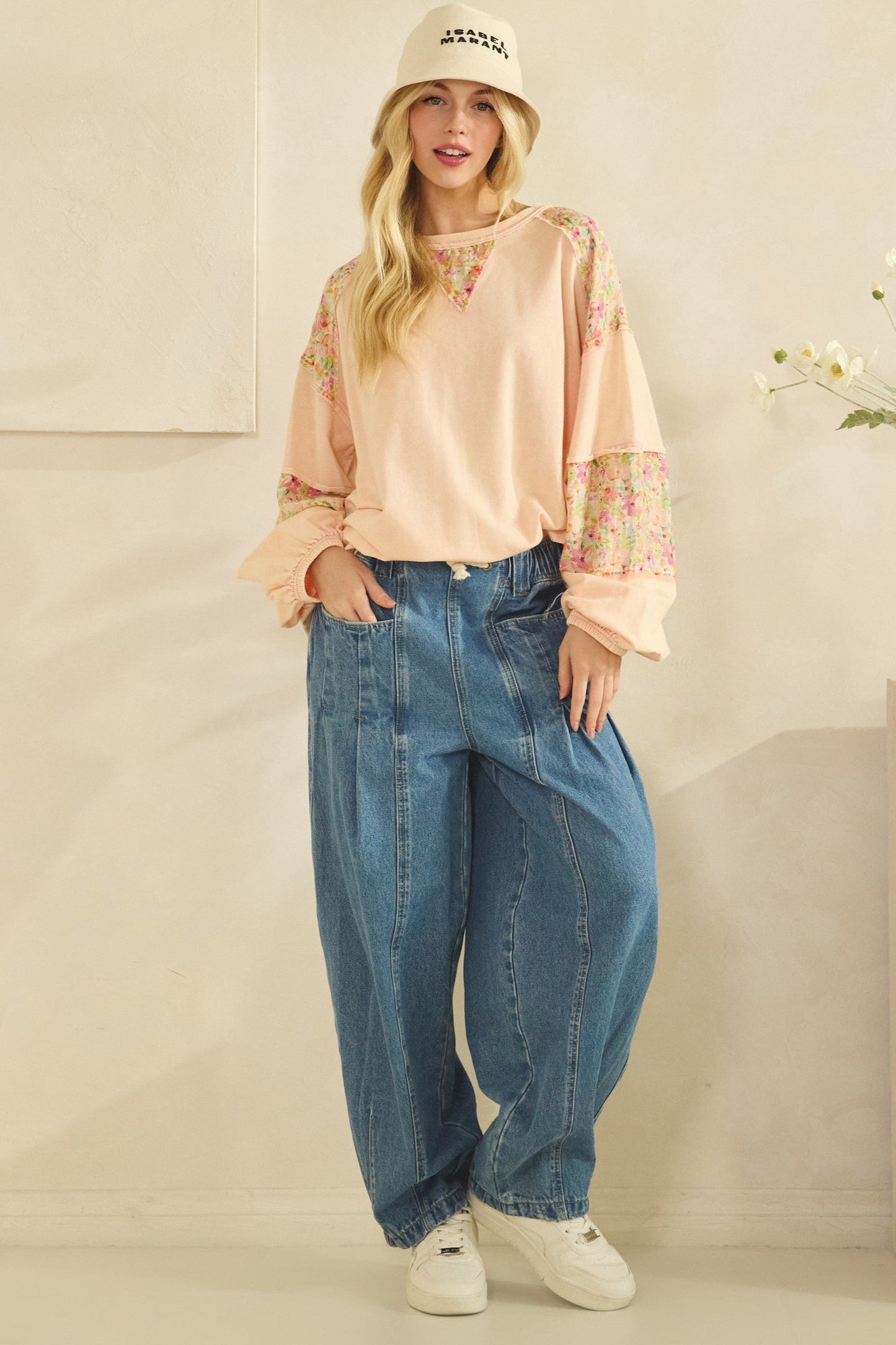 SALE Sage & Fig- Long Sleeve Patchwork Sweatshirt (Peach) *Final Sale*