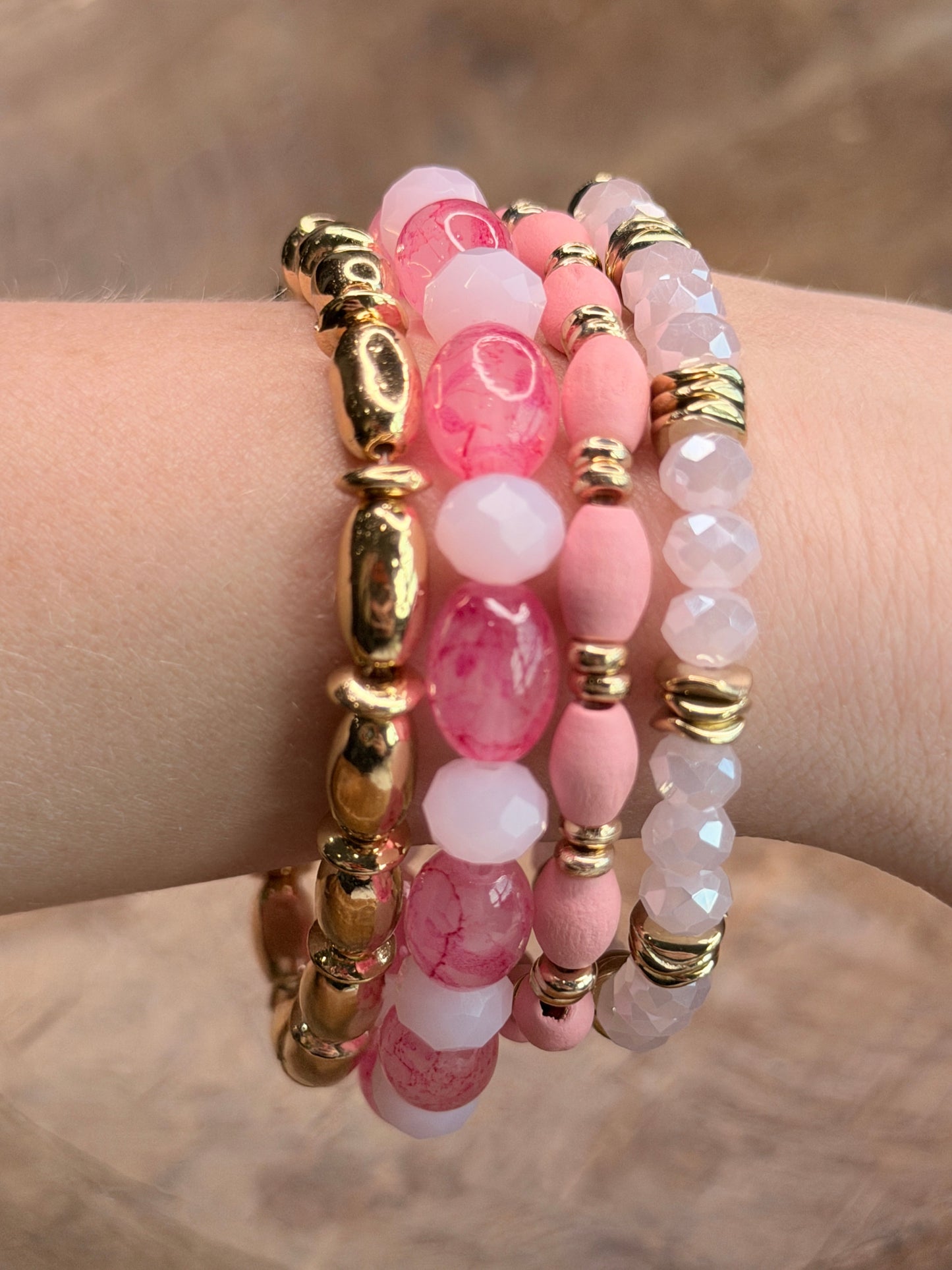 Aria Pink and Gold Crystal Beaded Bracelet Stack
